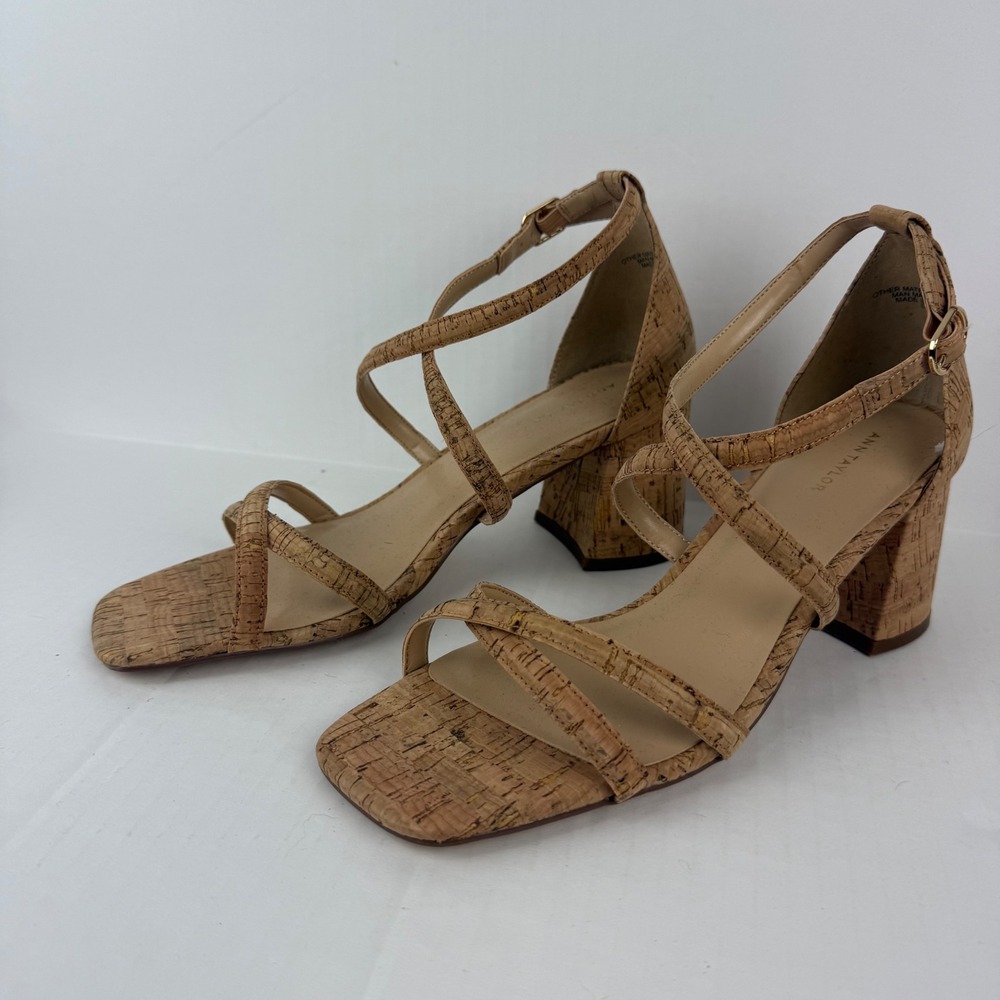 Ann Taylor Womens Cork Strappy Block Heel‎ Sandals Square Toe Gold Fleck Tan 8M